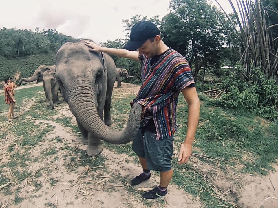 The baby elephant playing with Phil's jumper at an ethical elephant sanctuary in chiang mai