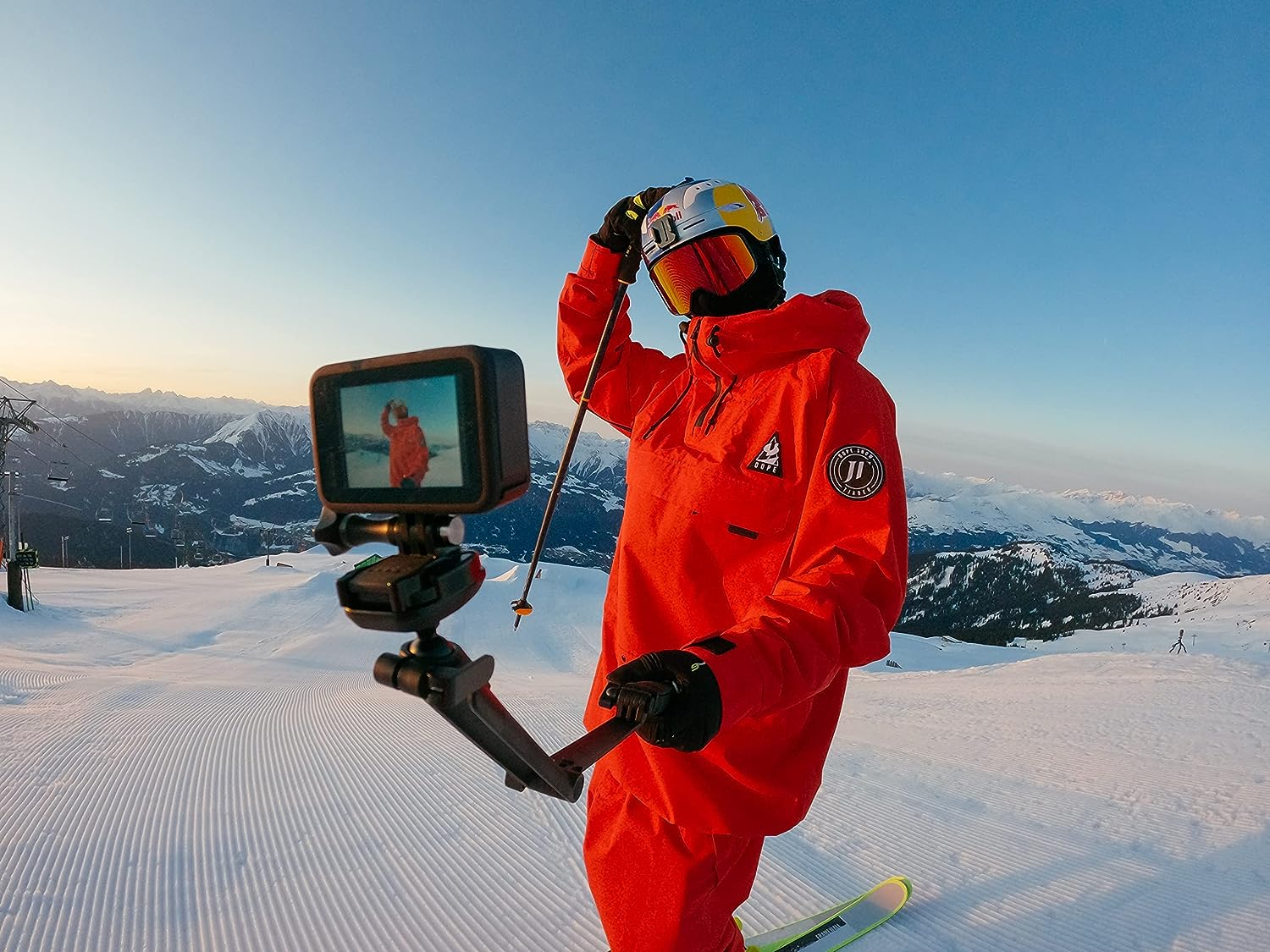 Man using a GoPro Hero 10 on the ski slopes