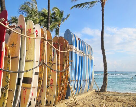 Surfboards lined up on Waikiki beach - The best hostels in Waikiki