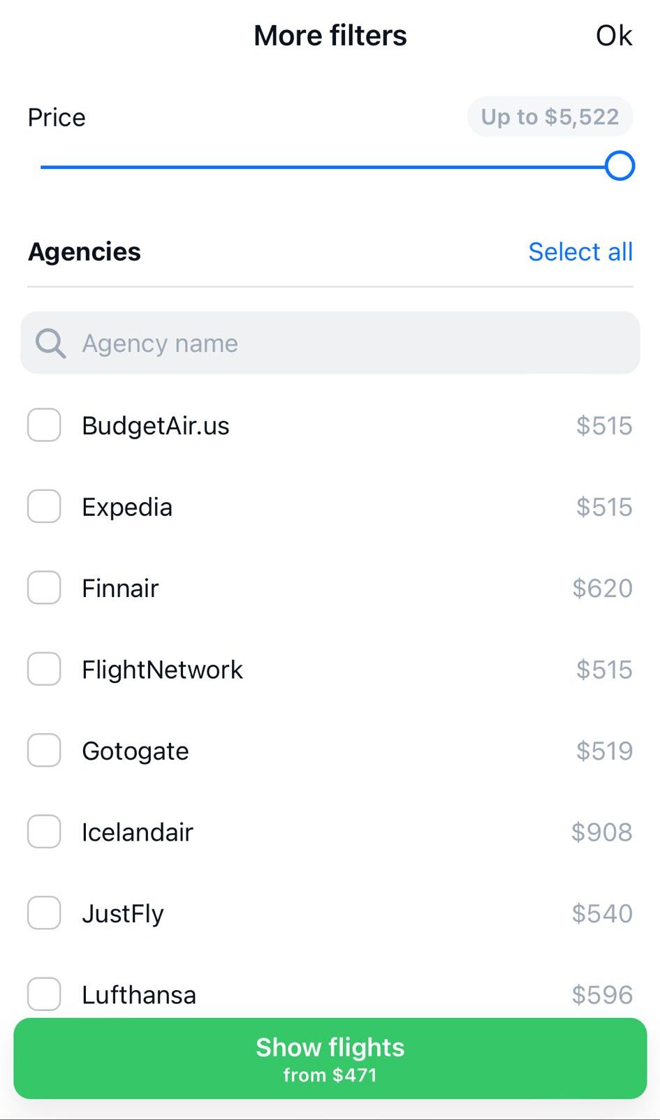 Example of the filters for finding cheap flights in 2024 on wayaway.io