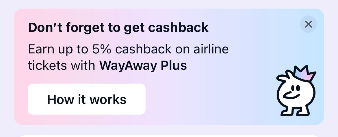 Cashback feature on WayAway.io 