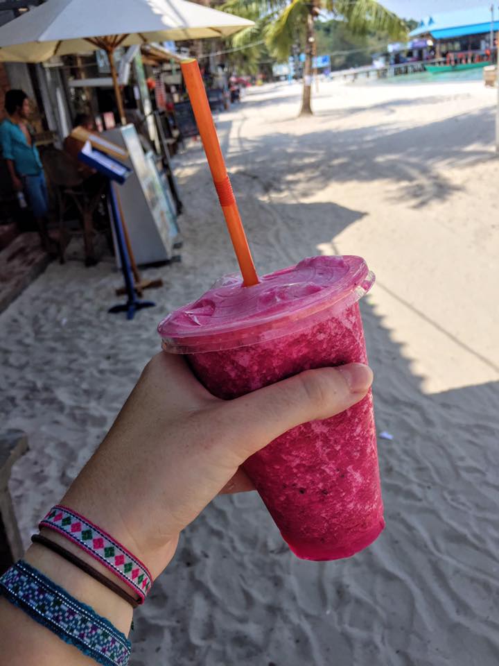 a dragon fruit smoothie bought from a beach stall on Koh Rong Island 