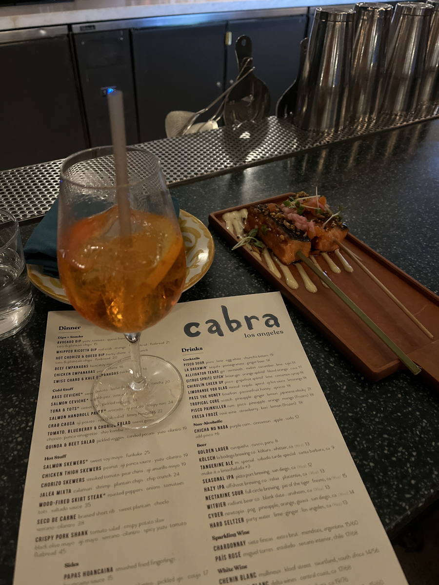 Aperol and Salmon Skewers at Cabra rooftop bar and restaurant